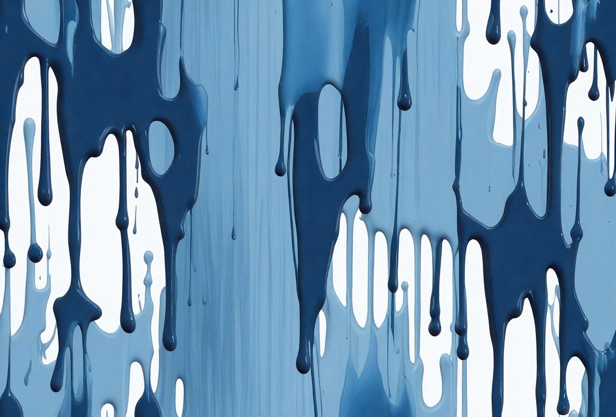 The primary subject of the image is a blue and white painting of dripping paint. The setting is a white wall, and the visual style appears to be a digital art or illustration. The dominant colors are blue and white, creating a calm and soothing atmosphere.