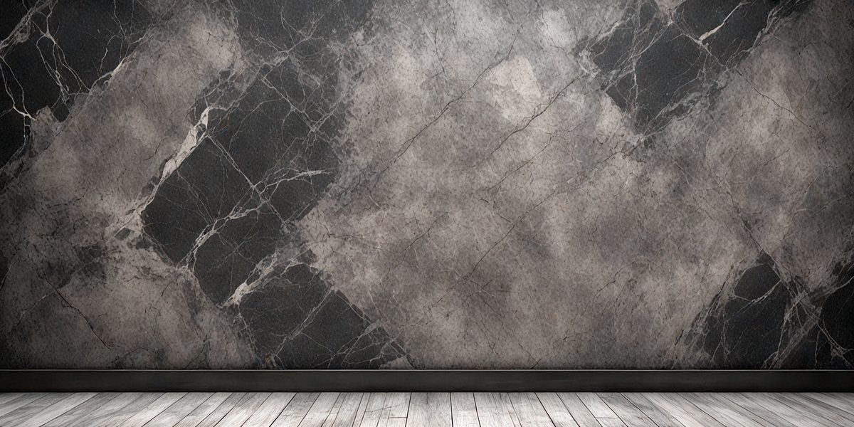 The primary subject of the image is a gray marble wall with a patterned texture. The setting is a room with a wooden floor. The visual style is a photo of the marble wall. The dominant colors are gray and black, creating a moody atmosphere.
