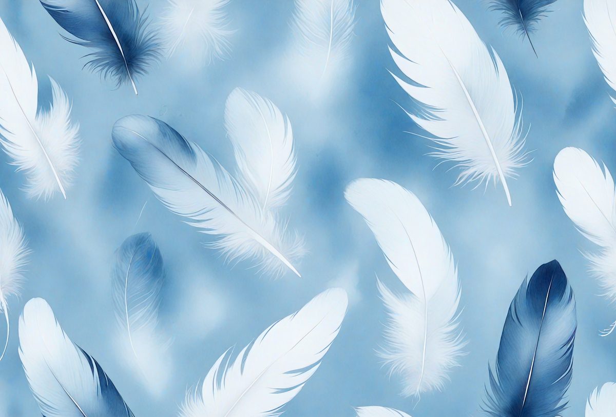 The primary subject of the image is a group of white feathers floating in a blue sky. The setting is a cloudy sky, and the visual style is a digital art or illustration. The dominant colors are white and blue, creating a serene and peaceful atmosphere.