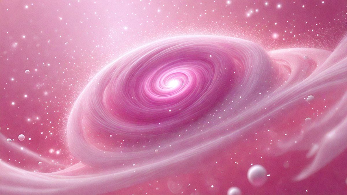 The primary subject of the image is a large, pink, spiral-shaped object, which appears to be a swirling, pink galaxy. The setting is a pink background, which complements the vibrant colors of the spiral. The visual style is a combination of digital art and illustration, creating a unique and captivating scene. The colors and mood of the image are predominantly pink, giving it a warm and inviting atmosphere.