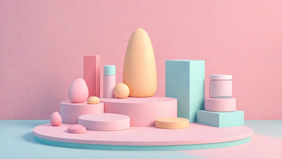 The primary subject of the image is a large, white, and pink egg-shaped sculpture. The setting is a pink and white background, which adds a vibrant and playful atmosphere to the scene. The visual style is a combination of photo and digital art, creating a unique and eye-catching display. The colors and mood of the image are predominantly pink and white, giving it a cheerful and whimsical appearance.