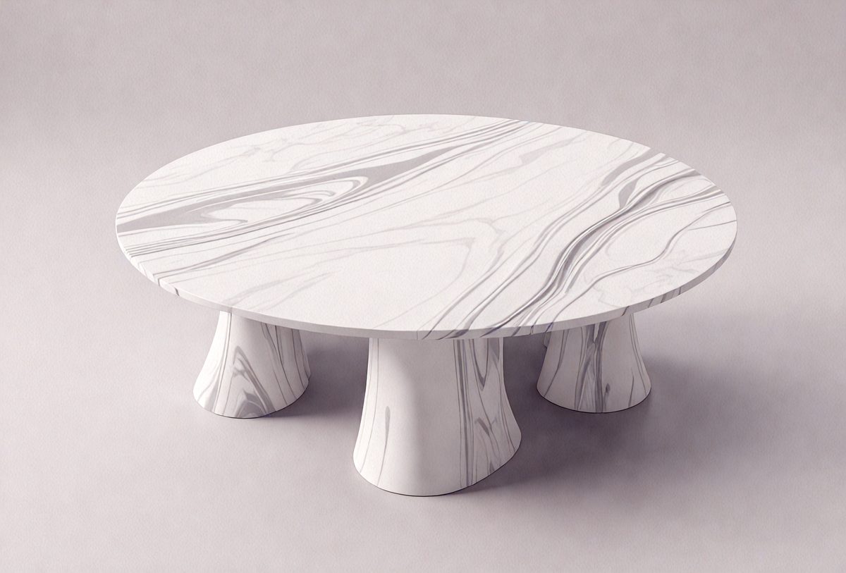 The primary subject of the image is a white marble table with a round shape. The table is placed on a grey surface, which serves as the setting or background. The visual style of the image is a photo, capturing the details of the marble table and its surroundings. The colors and mood of the image are predominantly neutral, with the white marble table and grey surface creating a clean and elegant atmosphere.