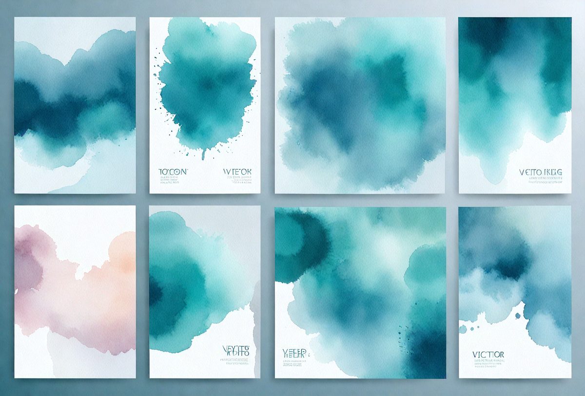 The primary subject of the image is a collection of six watercolor paintings, each featuring a different design. The setting is a wall where these paintings are displayed, showcasing the artwork. The visual style is a mix of digital art and traditional watercolor painting, creating a unique and artistic atmosphere. The colors and mood of the paintings are predominantly blue, which adds a sense of calmness and tranquility to the scene.