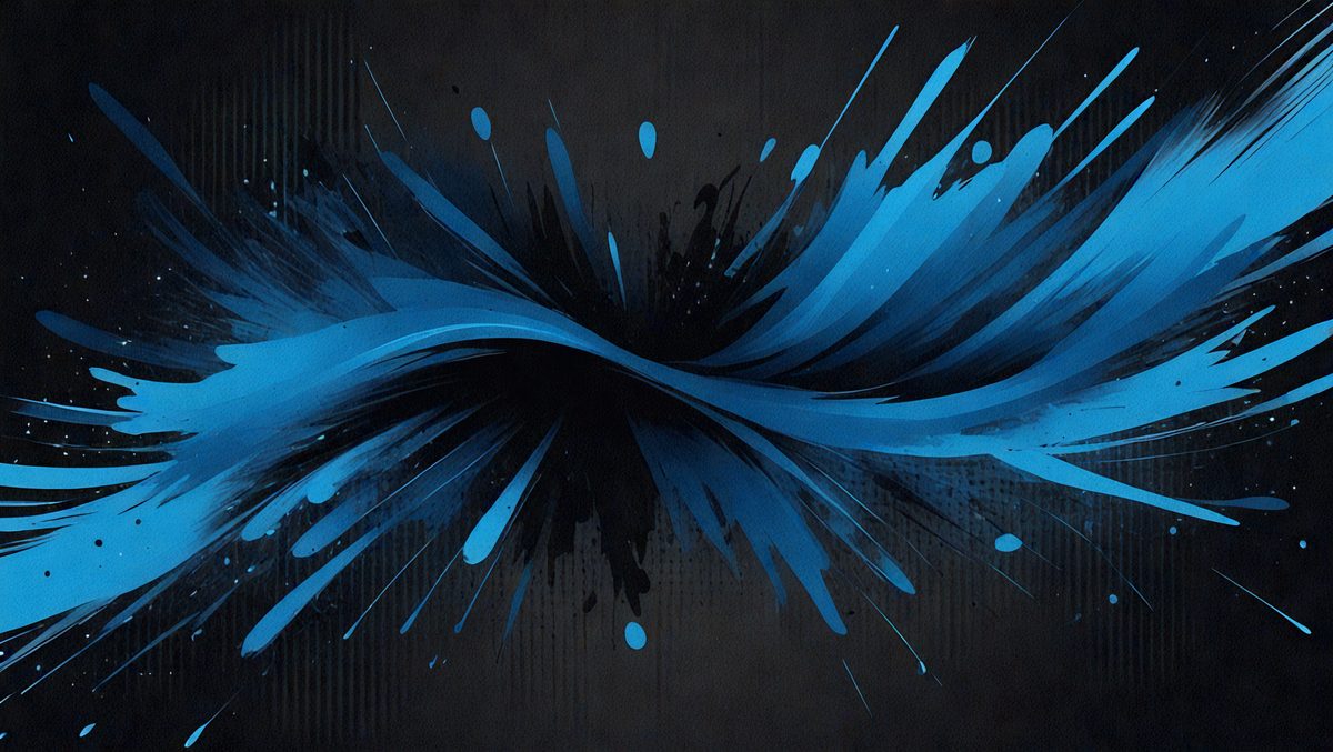 The primary subject of the image is a blue and black painting or drawing. The setting is a dark background, which contrasts with the bright blue and black colors of the artwork. The visual style appears to be a combination of digital art and illustration, as the artwork is displayed on a screen. The colors and mood of the image are predominantly dark and moody, with the blue and black colors creating a sense of depth and contrast.