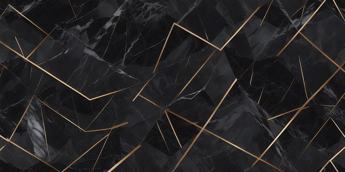 The primary subject of the image is a black and gold marble pattern. The setting is a black and gold marble surface, which serves as the background. The visual style is a close-up of the marble pattern, showcasing the intricate details of the design. The colors and mood of the image are predominantly black and gold, creating a luxurious and elegant atmosphere.