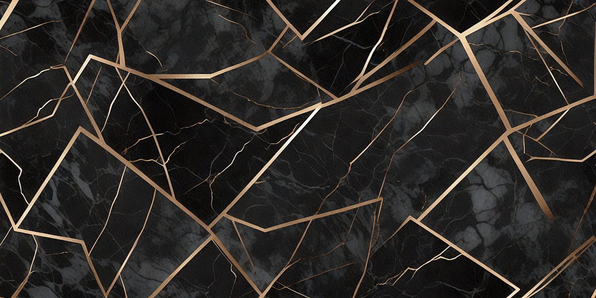 The primary subject of the image is a marble tile with a gold pattern. The setting is a black background, which contrasts with the gold and black marble tile. The visual style is a close-up of the marble tile, showcasing its intricate design. The colors and mood of the image are predominantly black and gold, creating a luxurious and elegant atmosphere.