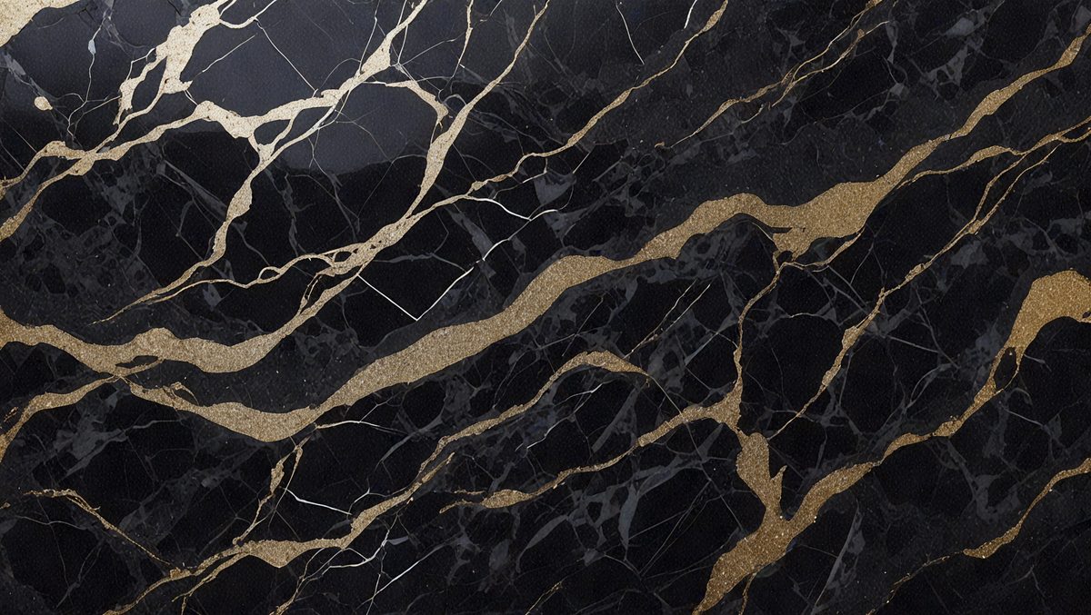 The primary subject of the image is a marble wall with gold accents. The setting is a black background, which contrasts with the gold and black marble. The visual style is a close-up of the marble wall, showcasing the intricate patterns and textures. The colors and mood of the image are elegant and sophisticated, with the gold accents adding a touch of luxury and refinement.
