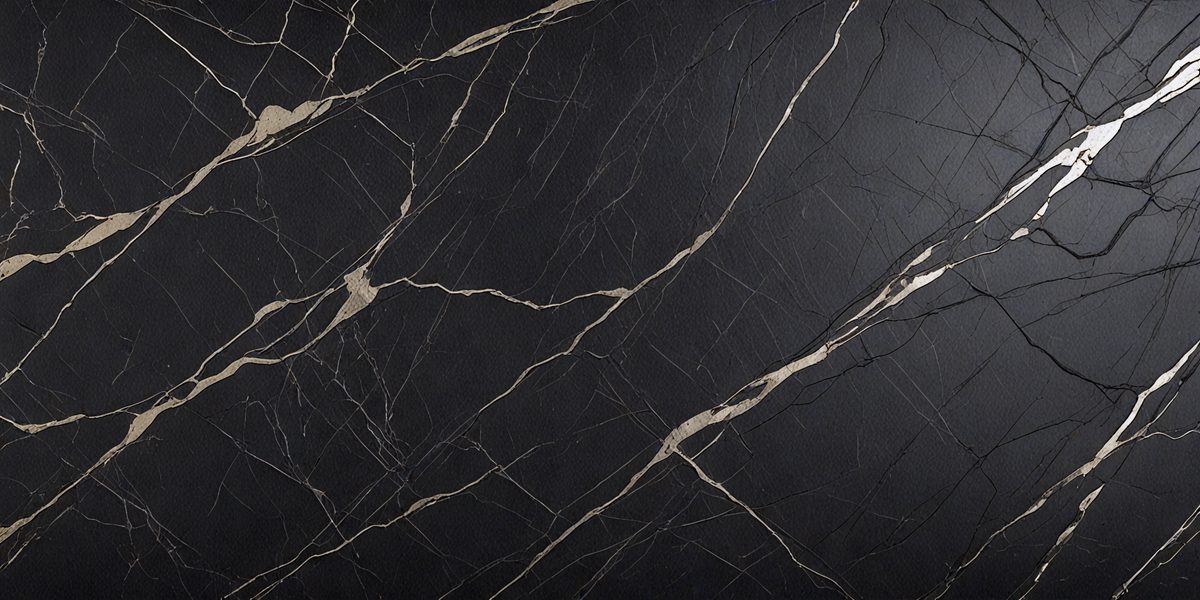 The primary subject of the image is a black marble countertop. The setting is a kitchen, with the countertop being the main focus of the scene. The visual style is a close-up of the marble countertop, showcasing its texture and pattern. The colors and mood of the image are dark and moody, with the black marble countertop being the dominant color.
