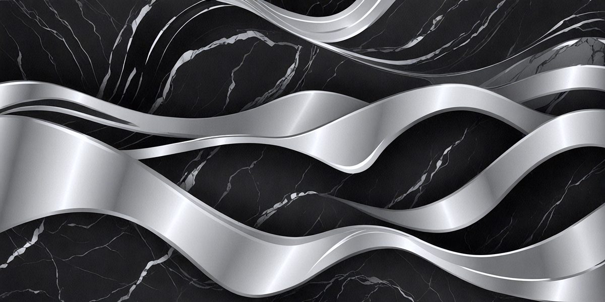 The primary subject of the image is a silver metal sculpture, which is a modern art piece. The setting is a black marble surface, which serves as the background for the artwork. The visual style of the image is a combination of photo and digital art, creating a unique and intriguing appearance. The colors and mood of the image are predominantly silver and black, giving it a sleek and modern feel.