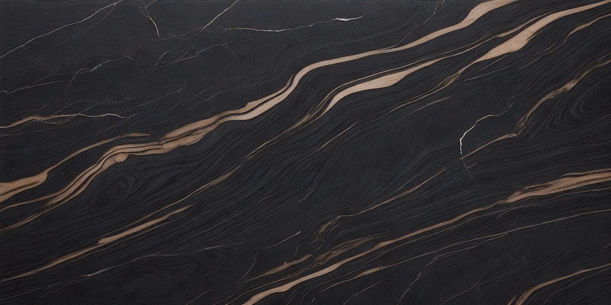 The primary subject of the image is a marble countertop with a unique, swirling pattern. The setting is a kitchen or bathroom, as the countertop is a part of a counter. The visual style is a close-up of the marble countertop, showcasing its intricate design. The colors and mood of the image are predominantly black and brown, giving it a sophisticated and elegant appearance.