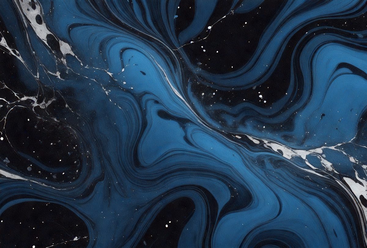The primary subject of the image is a blue and black swirling pattern, which appears to be a painting or a digital artwork. The setting is a black and white background, which contrasts with the vibrant colors of the swirling pattern. The visual style is a mix of artistic and digital elements, creating a unique and captivating image. The dominant colors are blue and black, with the blue swirls and black background creating a striking contrast. The overall atmosphere of the image is dynamic and visually engaging.