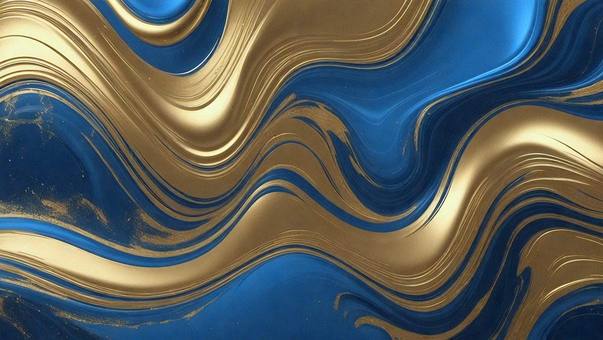 The primary subject of the image is a blue and gold swirl pattern. The setting is a blue background, and the visual style appears to be a digital art or illustration. The dominant colors are blue and gold, creating a vibrant and lively atmosphere.