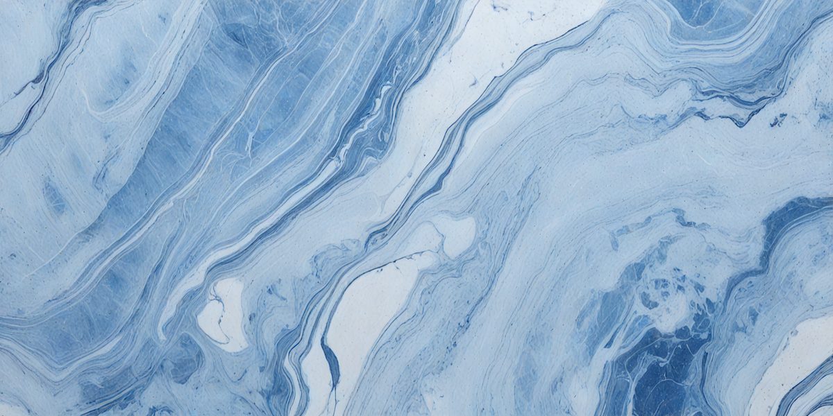 The primary subject of the image is a blue and white marbled surface, which appears to be a wall or a piece of art. The setting is a room with a blue and white marbled wall, and the visual style is a close-up of the marbled surface. The colors and mood of the image are predominantly blue and white, creating a calm and serene atmosphere.
