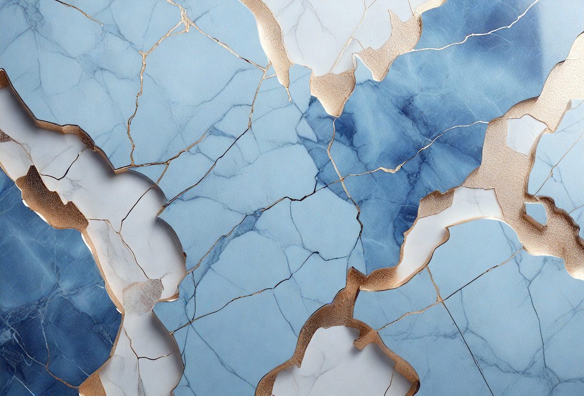 The primary subject of the image is a marble table with a blue and gold marble top. The table is set against a blue background, giving it a striking appearance. The visual style of the image is a combination of photo and digital art, creating a unique and eye-catching design. The colors and mood of the image are predominantly blue and gold, giving it a luxurious and elegant feel.