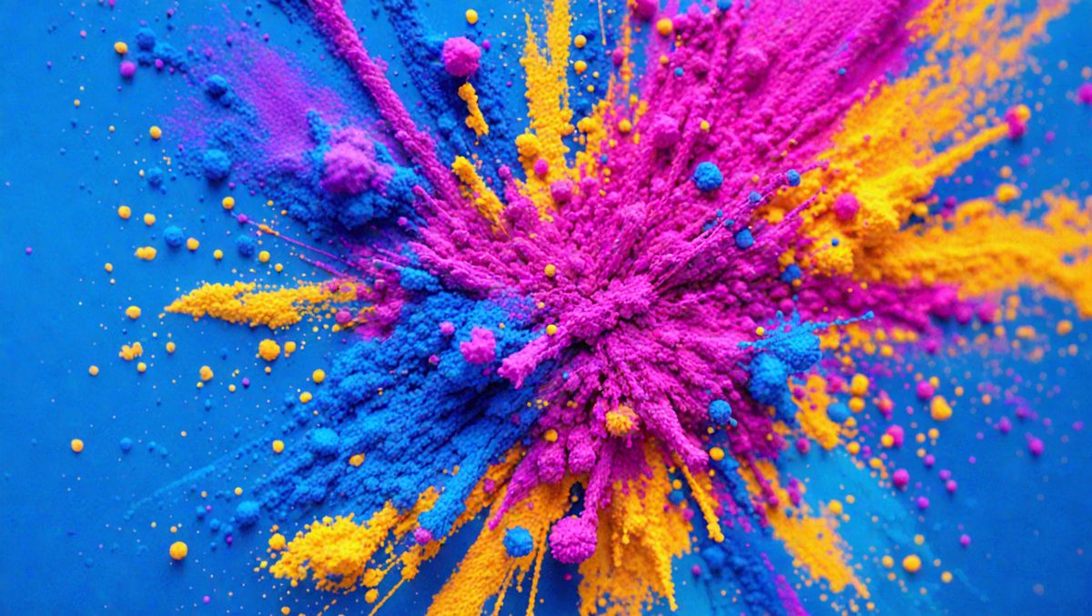 The primary subject of the image is a vibrant, colorful, and abstract artwork. The setting is a blue surface, which serves as the background for the artwork. The visual style is a combination of digital art and illustration, creating a unique and eye-catching pattern. The dominant colors in the artwork are purple, yellow, and blue, which contribute to a lively and energetic atmosphere.