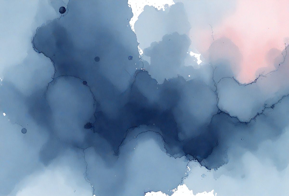 The primary subject of the image is a blue and white painting, which features a blue background with white and blue swirls. The setting is an artistic environment, and the visual style is a painting or drawing. The dominant colors are blue and white, creating a calm and serene atmosphere.