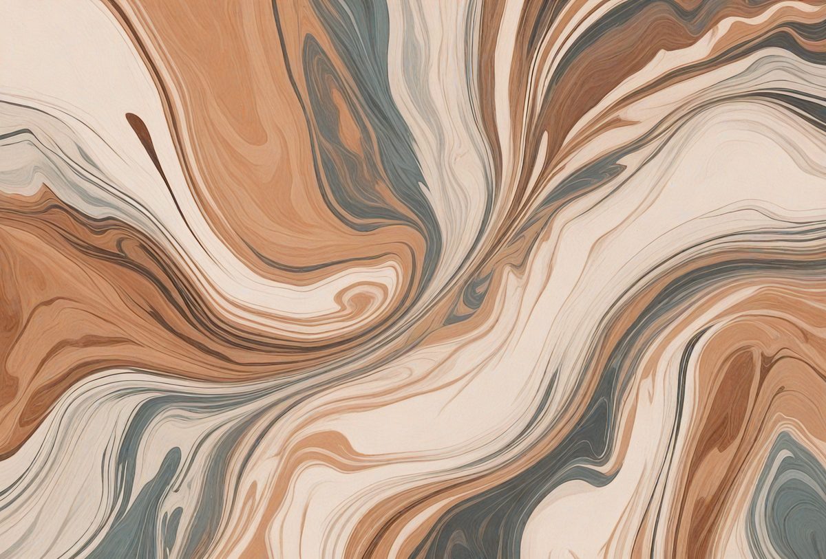 The primary subject of the image is a patterned surface, which appears to be a marbled or textured material. The setting is a room with a wall that features this unique pattern. The visual style of the image is a combination of photo and digital art, creating a visually appealing and intricate design. The colors and mood of the image are predominantly brown and white, giving it a warm and earthy feel.