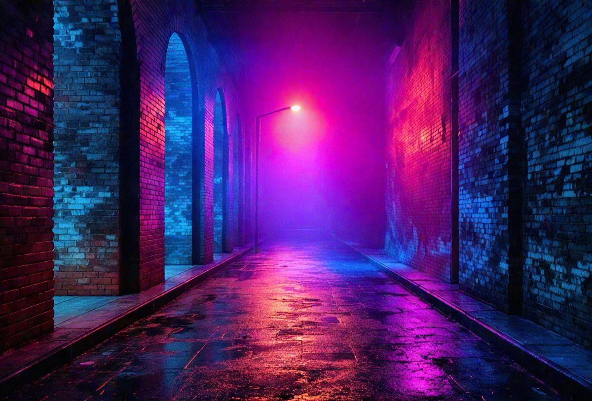 The primary subject of the image is a long, narrow alleyway with a purple glow. The setting is a brick wall, and the visual style appears to be a photo. The dominant colors are purple and blue, creating a moody and atmospheric ambiance.