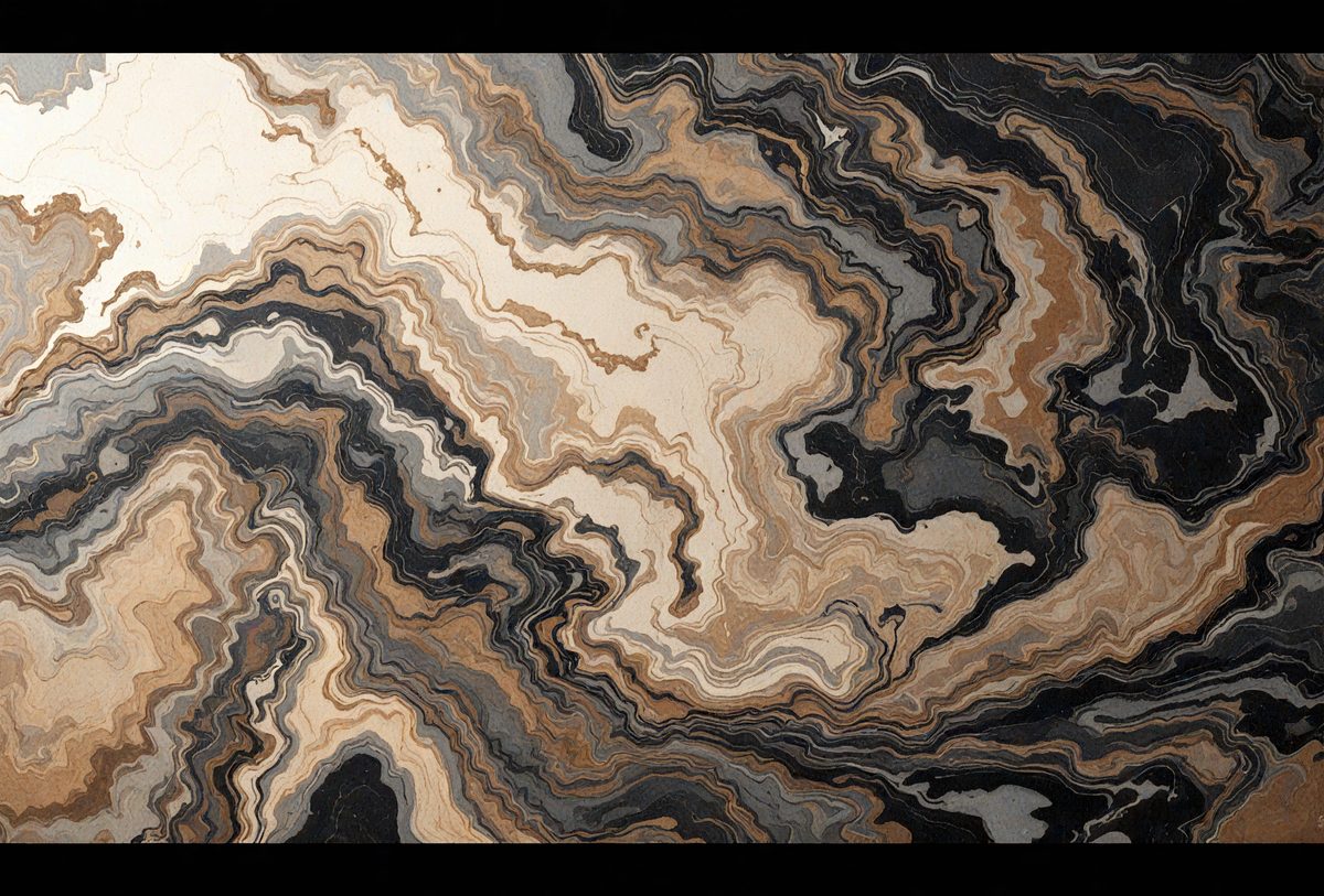 The primary subject of the image is a close-up of a marble-like stone surface. The setting is a natural environment, possibly a rock formation or a stone wall. The visual style is a combination of a photo and digital art, creating a unique and intricate pattern. The colors and mood of the image are predominantly dark, with a focus on the contrast between the marble-like surface and the surrounding environment.