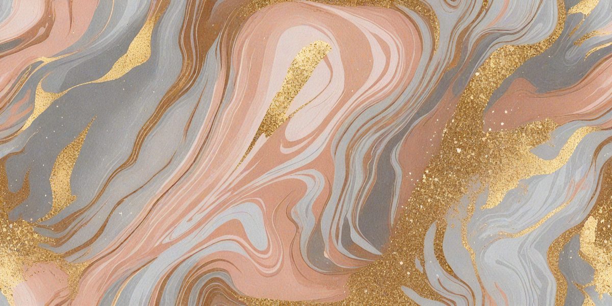 The primary subject of the image is a gold-painted face, which is the main focus of the scene. The setting is a marbled surface, and the visual style appears to be a combination of digital art and illustration. The colors in the image are predominantly gold and pink, creating a warm and inviting atmosphere.
