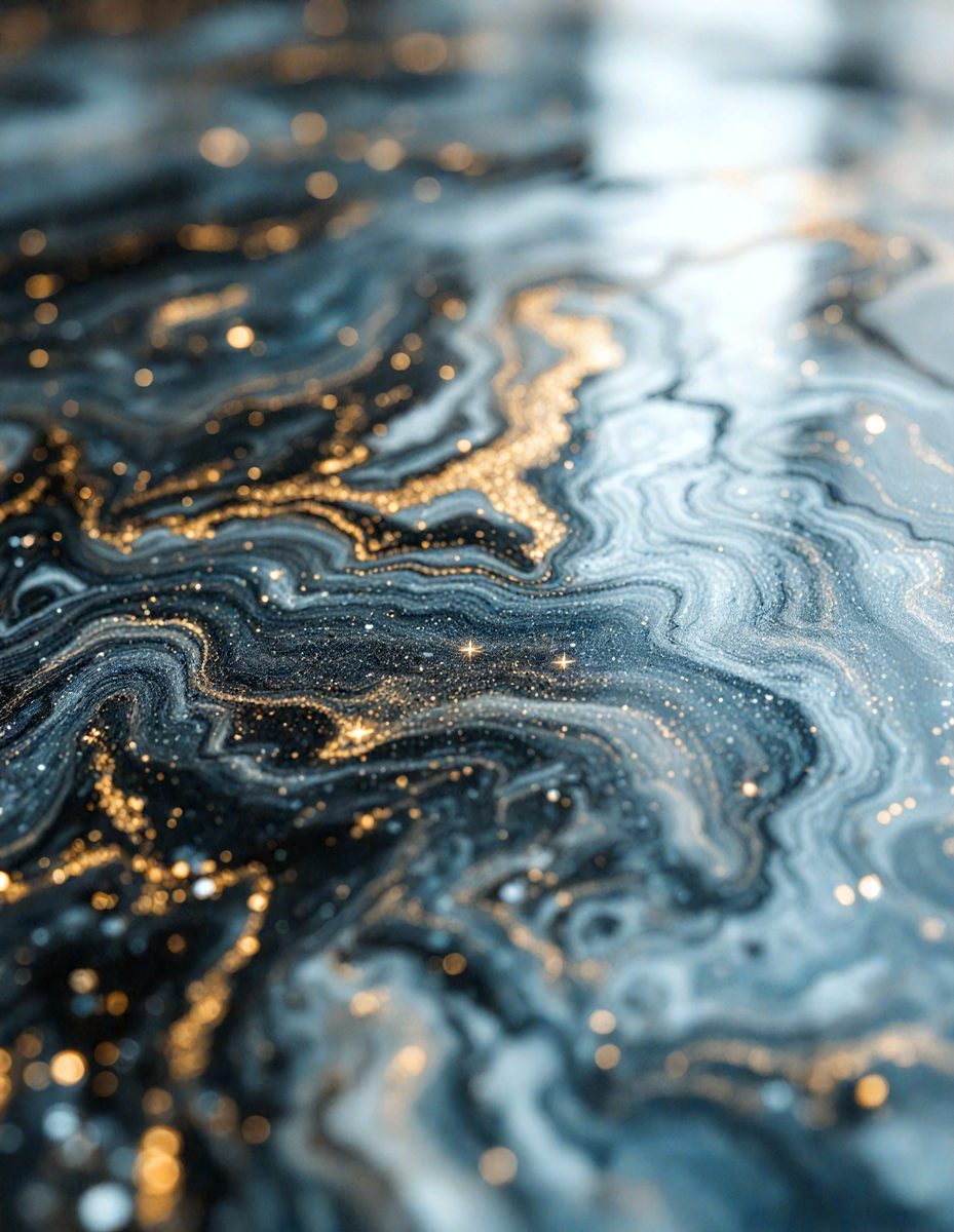 The primary subject of the image is a close-up of a shiny, black, and blue surface, possibly a marble or granite countertop. The setting is a room with a dark background, which emphasizes the shine of the surface. The visual style is a close-up, which highlights the intricate patterns and textures of the surface. The colors and mood of the image are predominantly dark, with the blue and black colors creating a sense of depth and sophistication.