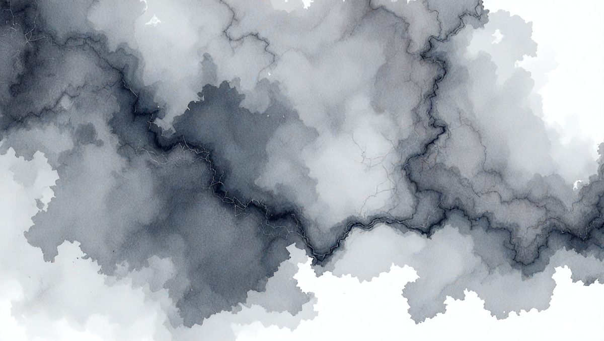 The primary subject of the image is a cloudy sky, with a focus on the clouds and their intricate patterns. The setting is a cloudy day, and the visual style is a watercolor painting. The colors and mood of the image are predominantly gray and moody, creating a dramatic and atmospheric scene.