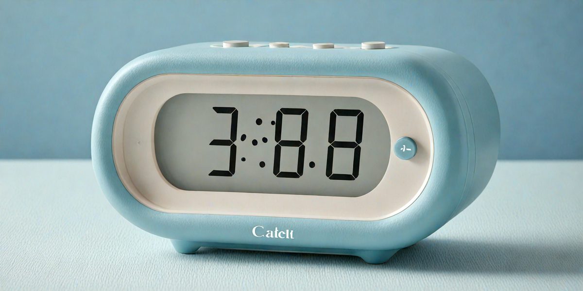 The image features a blue digital clock with a white face, displaying the time of 3:38. The clock is placed on a table, which serves as the primary subject of the image. The setting is indoors, with a blue background visible in the scene. The visual style is a digital art, as the clock is a digital representation of a traditional clock. The colors and mood of the image are predominantly blue, creating a calm and soothing atmosphere.