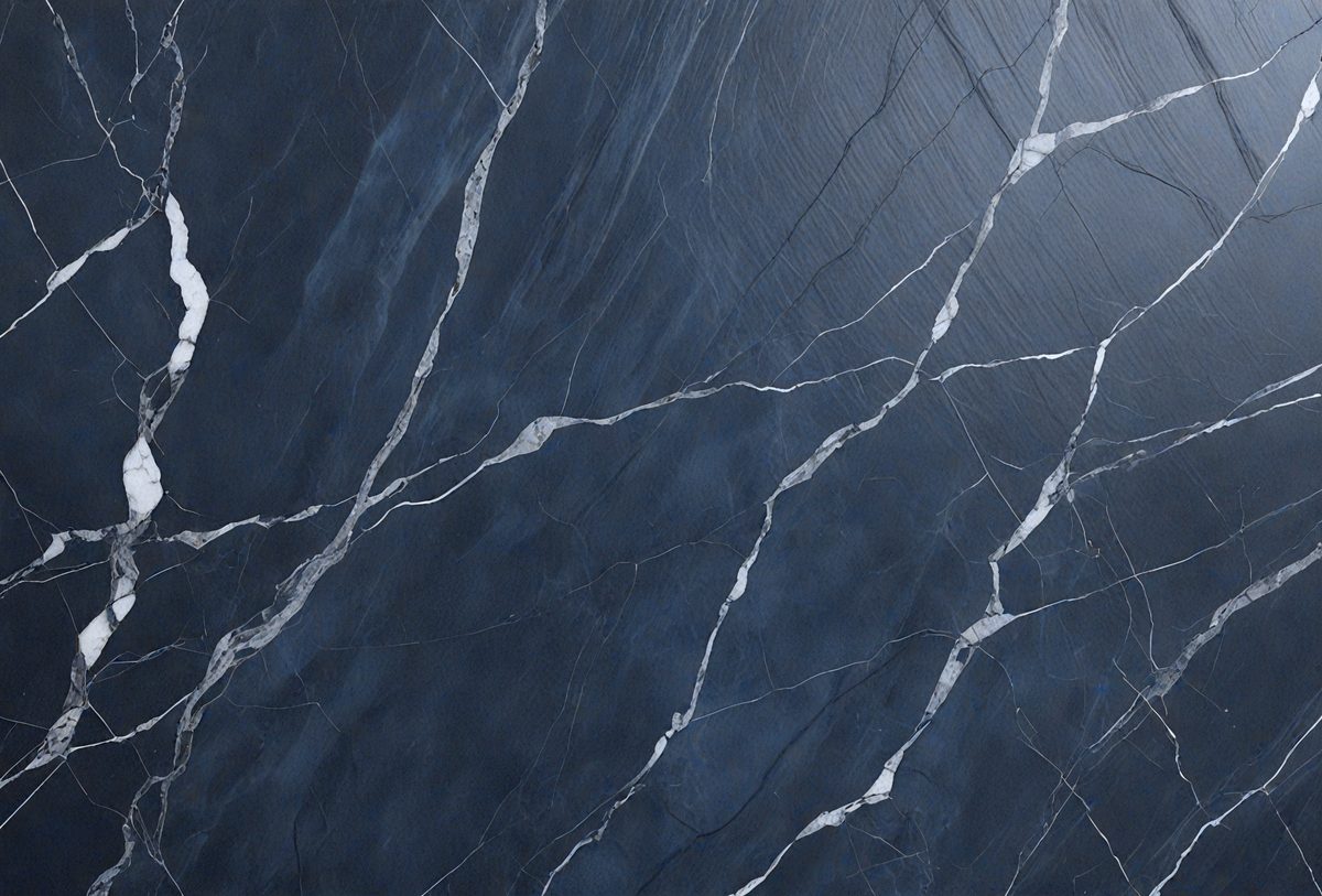 The primary subject of the image is a close-up of a marble wall with a blue tint. The setting is a room with a blue-gray color scheme. The visual style is a photo of the marble wall, showcasing its texture and pattern. The colors and mood of the image are predominantly blue and gray, creating a calm and sophisticated atmosphere.