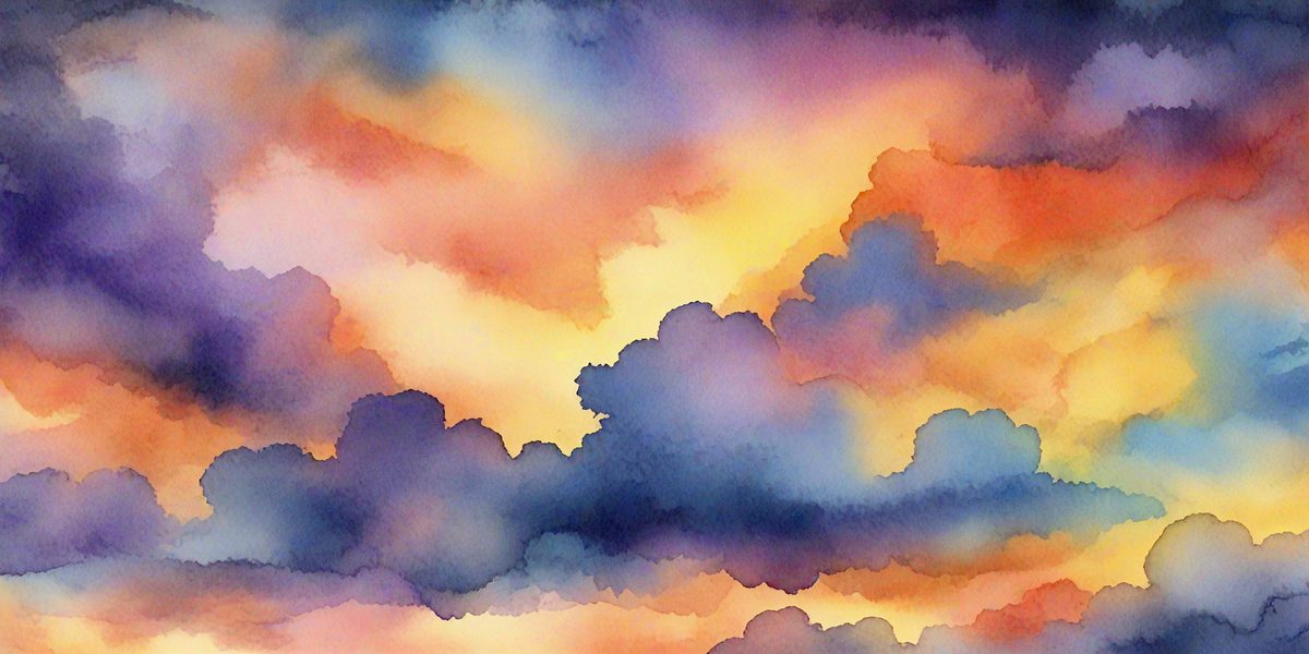 The primary subject of the image is a colorful, cloudy sky. The setting is a sunset, with the sun peeking through the clouds. The visual style is a watercolor painting, giving the scene a vibrant and artistic appearance. The dominant colors are shades of orange, pink, and purple, creating a warm and inviting atmosphere.