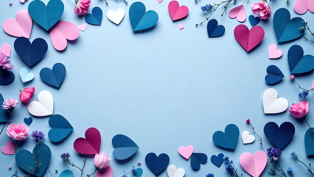 The primary subject of the image is a collection of hearts, which are arranged in various shapes and sizes. The hearts are placed on a blue background, creating a visually appealing and colorful scene. The hearts are made of paper, giving the image a digital art or illustration appearance. The overall atmosphere of the image is cheerful and playful, with the hearts symbolizing love and affection.