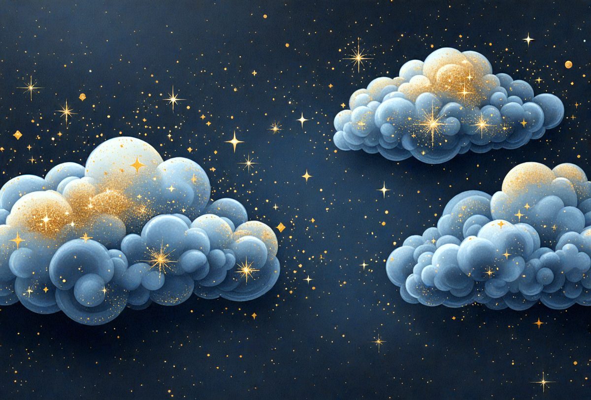 The primary subject of the image is a painting of two clouds in the night sky. The setting is a dark blue background, which contrasts with the brightly lit clouds. The visual style is a digital art or illustration, creating a sense of depth and dimension. The colors and mood are predominantly dark and moody, with the brightly lit clouds providing a contrasting element of light and warmth.