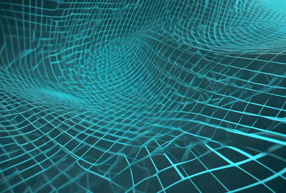 The primary subject of the image is a blue, three-dimensional mesh pattern. The setting is a dark background, which contrasts with the blue mesh. The visual style is a digital art or illustration, as the mesh pattern appears to be a digital creation. The colors and mood of the image are predominantly blue, creating a calm and serene atmosphere.