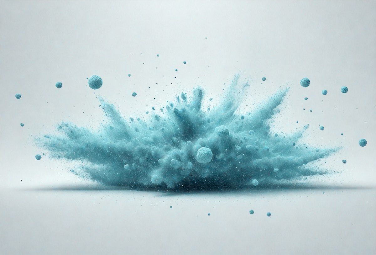 The primary subject of the image is a blue substance, possibly a powder or a liquid, that is being blown up into the air. The setting is a white background, which provides a clean and minimalistic appearance. The visual style is a combination of a photo and digital art, as the blue substance appears to be digitally manipulated. The colors and mood of the image are predominantly blue, creating a sense of movement and dynamism.
