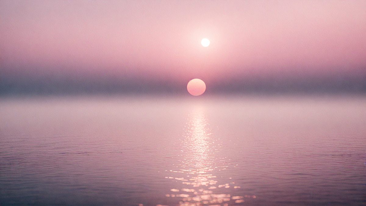 The primary subject of the image is a sunset, with the sun setting over a body of water. The setting is a calm and serene environment, with the sun's rays reflecting off the water, creating a beautiful and peaceful atmosphere. The visual style of the image is a photo, capturing the natural beauty of the sunset and the water. The colors and mood of the image are predominantly warm and soothing, with the sun's hues and the water's tranquility creating a sense