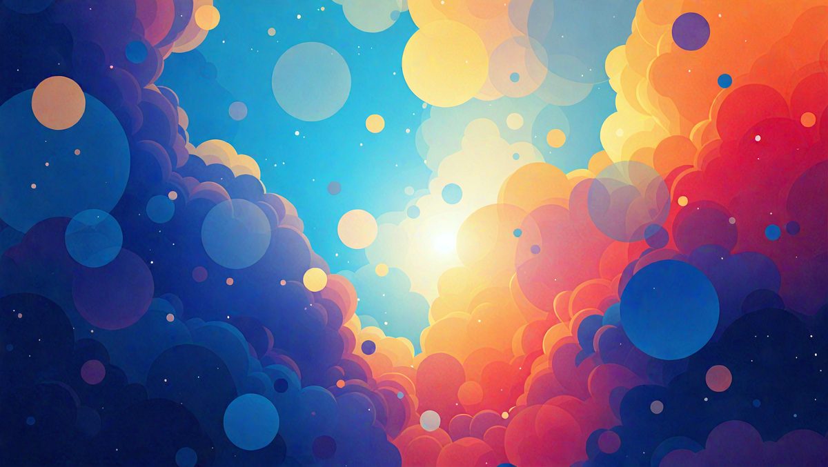 The primary subject of the image is a colorful, abstract cloudy sky. The setting is a bright, sunny day with a blue sky. The visual style is a digital art or illustration, featuring a vibrant and lively atmosphere. The colors and mood are predominantly blue, orange, and yellow, creating a warm and inviting scene.