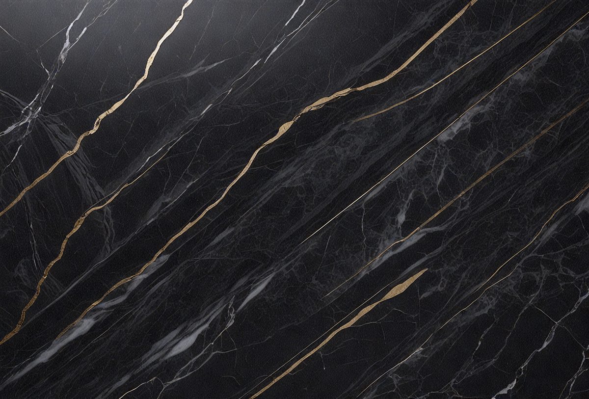 The primary subject of the image is a marble countertop with a black and gold pattern. The setting is a kitchen, and the visual style is a close-up of the countertop. The dominant colors are black and gold, creating a luxurious and elegant atmosphere.