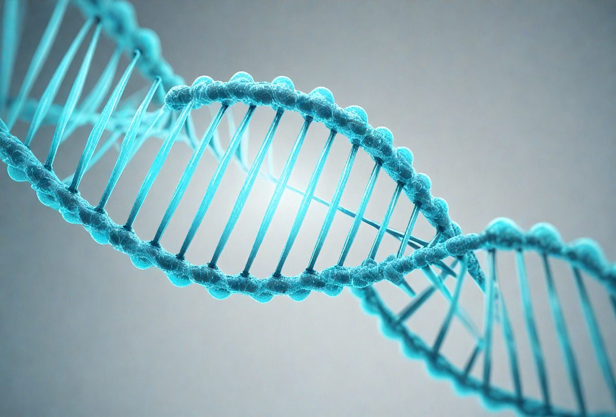 The primary subject of the image is a blue DNA strand. The setting is a white background, which provides a clean and minimalistic appearance. The visual style is a digital art or illustration, as the DNA strand is depicted in a detailed and artistic manner. The dominant colors are blue and white, creating a sense of cleanliness and simplicity.