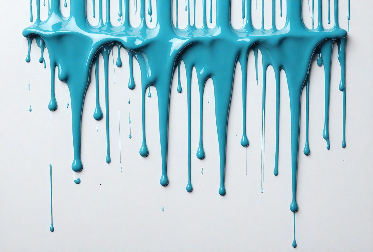 The primary subject of the image is a close-up of a blue liquid, possibly a paint or a dye, dripping down a white surface. The setting appears to be a white wall, and the visual style is a close-up of the dripping liquid. The colors and mood of the image are predominantly blue, creating a calm and serene atmosphere.