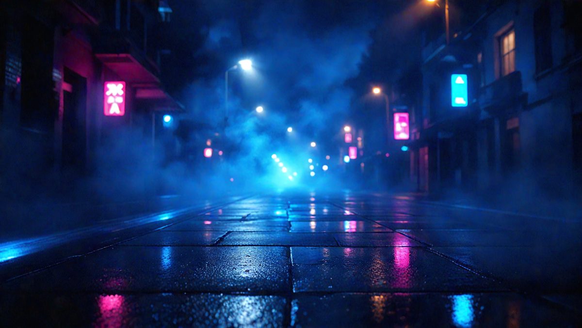 The primary subject of the image is a city street at night, with a blue foggy atmosphere. The setting includes a sidewalk, a streetlight, and a building in the background. The visual style is a photo, capturing the nighttime ambiance of the city. The colors and mood are predominantly blue, creating a mysterious and atmospheric scene.