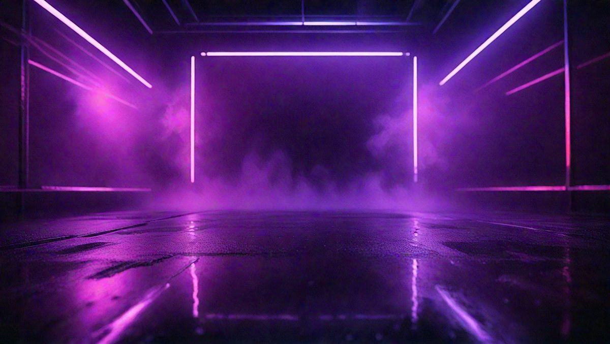 The primary subject of the image is a purple neon light, which is illuminating a dark room. The setting is a room with a purple backdrop, and the visual style appears to be a digital art or illustration. The dominant colors in the image are purple and black, creating a moody and atmospheric scene.