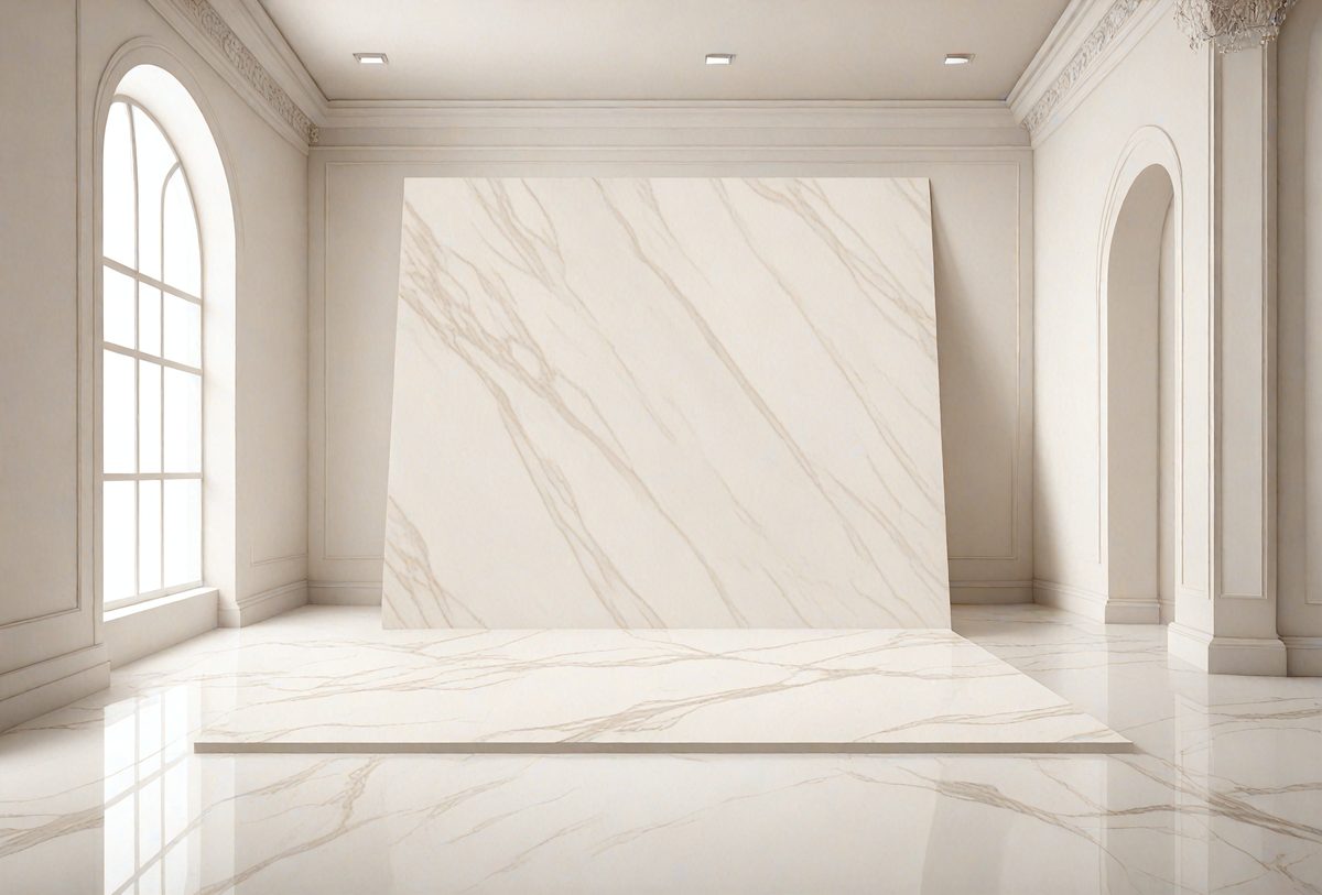 The primary subject of the image is a large, white marble wall. The setting is a room with a white marble floor, and the visual style is a photo. The colors and mood of the image are predominantly white, giving it a clean and elegant appearance.