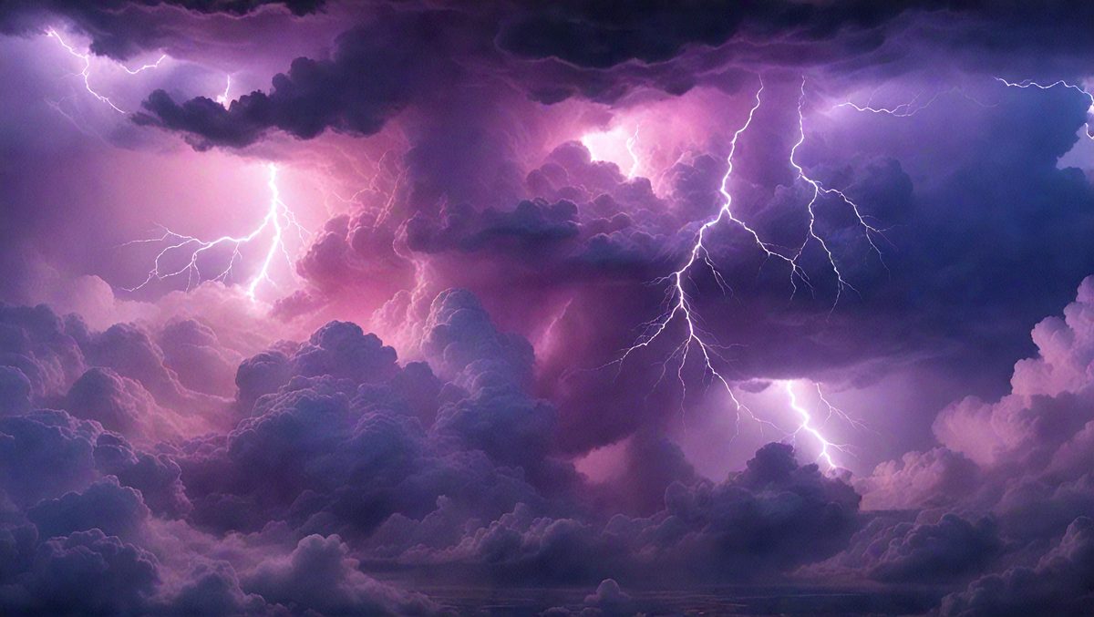 The primary subject of the image is a purple cloud with lightning bolts, creating a dramatic and intense atmosphere. The setting is a cloudy sky, and the visual style appears to be a digital art or illustration. The dominant colors are purple and pink, with the lightning bolts adding a sense of energy and power to the scene.