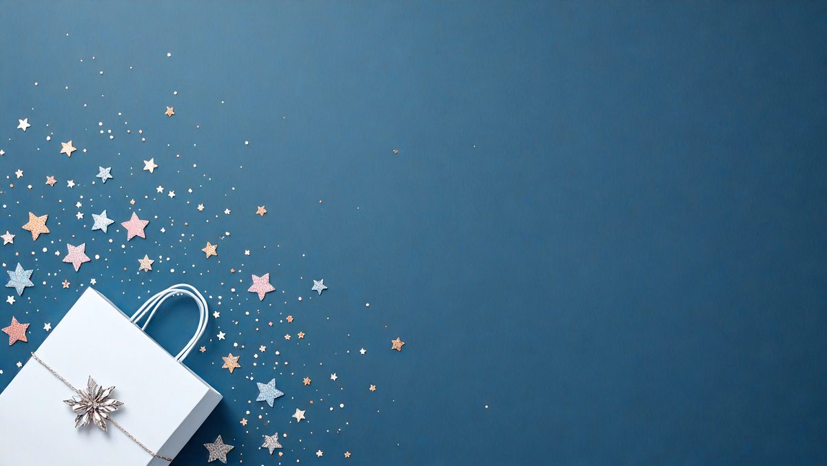 The primary subject of the image is a box with a ribbon, which is flying through the air. The setting is a blue background, and the visual style appears to be a photo. The colors in the image are predominantly blue and white, creating a calm and serene atmosphere.
