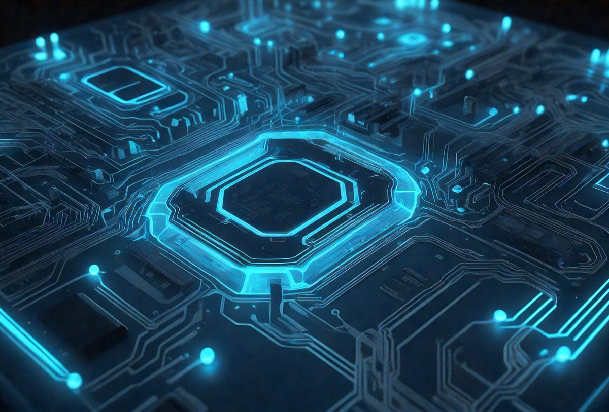 The primary subject of the image is a blue and green circuit board with a holographic appearance. The setting is a dark background, which contrasts with the bright colors of the circuit board. The visual style is a combination of digital art and illustration, creating a futuristic and technological atmosphere. The dominant colors are blue and green, with the blue hue being more prominent. The overall mood of the image is one of innovation and cutting-edge technology.