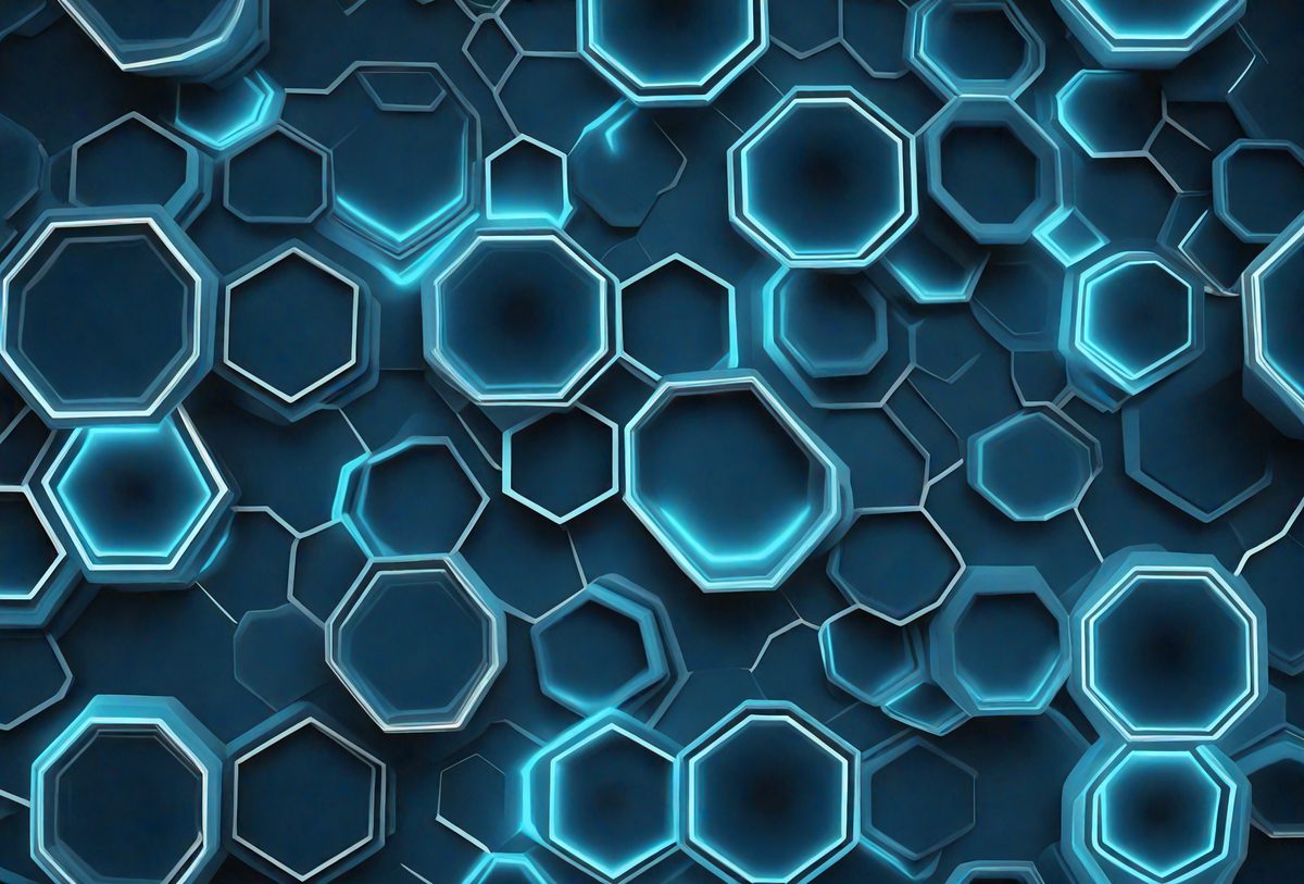 The primary subject of the image is a blue and black patterned background. The setting is a futuristic, digital art-like environment. The visual style is a combination of photo and digital art, creating a unique and intriguing pattern. The dominant colors are blue and black, giving the image a modern and sophisticated appearance.