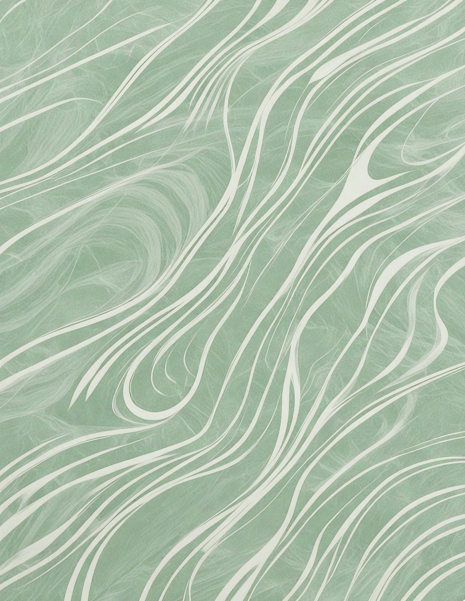 The primary subject of the image is a patterned wallpaper with a green background. The setting is a room with a wall covered in this patterned wallpaper. The visual style is a digital art or illustration, as the image is a close-up of the wallpaper. The dominant colors are green and white, creating a calm and soothing atmosphere.
