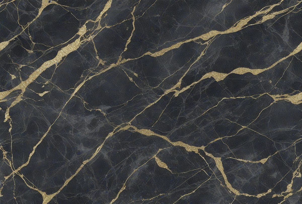 The primary subject of the image is a black marble countertop with gold accents. The setting is a kitchen, and the visual style is a close-up of the marble countertop. The dominant colors are black and gold, creating a luxurious and elegant atmosphere.