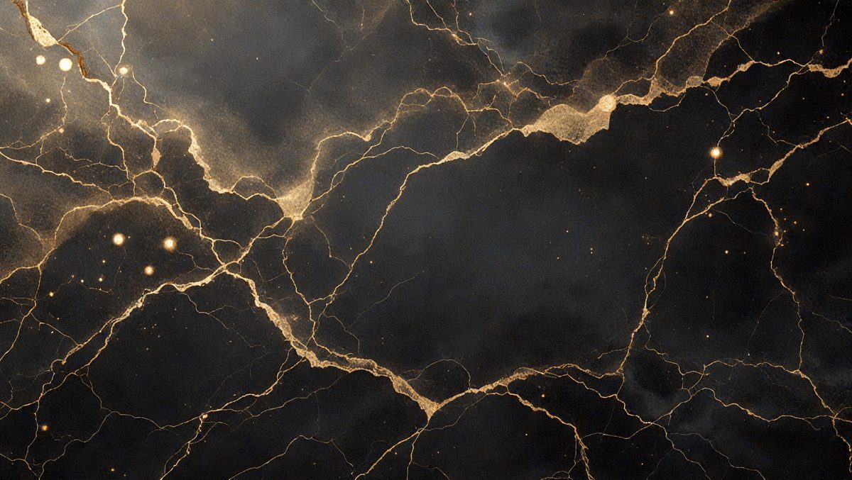 The primary subject of the image is a close-up of a black and gold marbled surface, which appears to be a wall or a piece of art. The setting is a dark room, and the visual style is a combination of a photo and a digital artwork. The colors and mood of the image are predominantly dark and moody, with the gold and black colors creating a striking contrast.