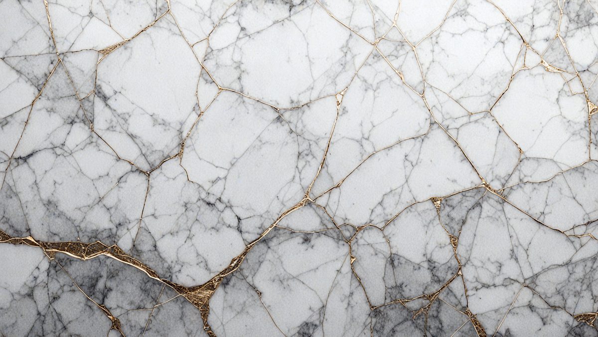 The primary subject of the image is a marble wall with a gold-like pattern. The setting is a white marble wall, and the visual style is a close-up of the marble pattern. The colors and mood of the image are predominantly white and gold, creating a luxurious and elegant atmosphere.