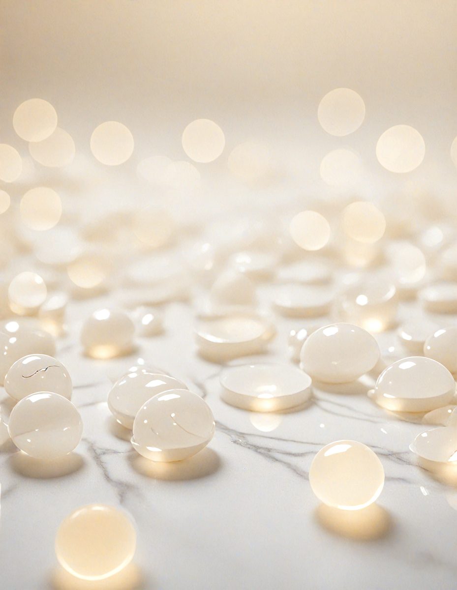 The primary subject of the image is a collection of white, round, and shiny objects, possibly marbles or glass beads, arranged on a table or counter. The setting appears to be a room with a table or counter, and the visual style is a close-up of the objects. The colors and mood of the image are predominantly white, giving it a clean and bright appearance.